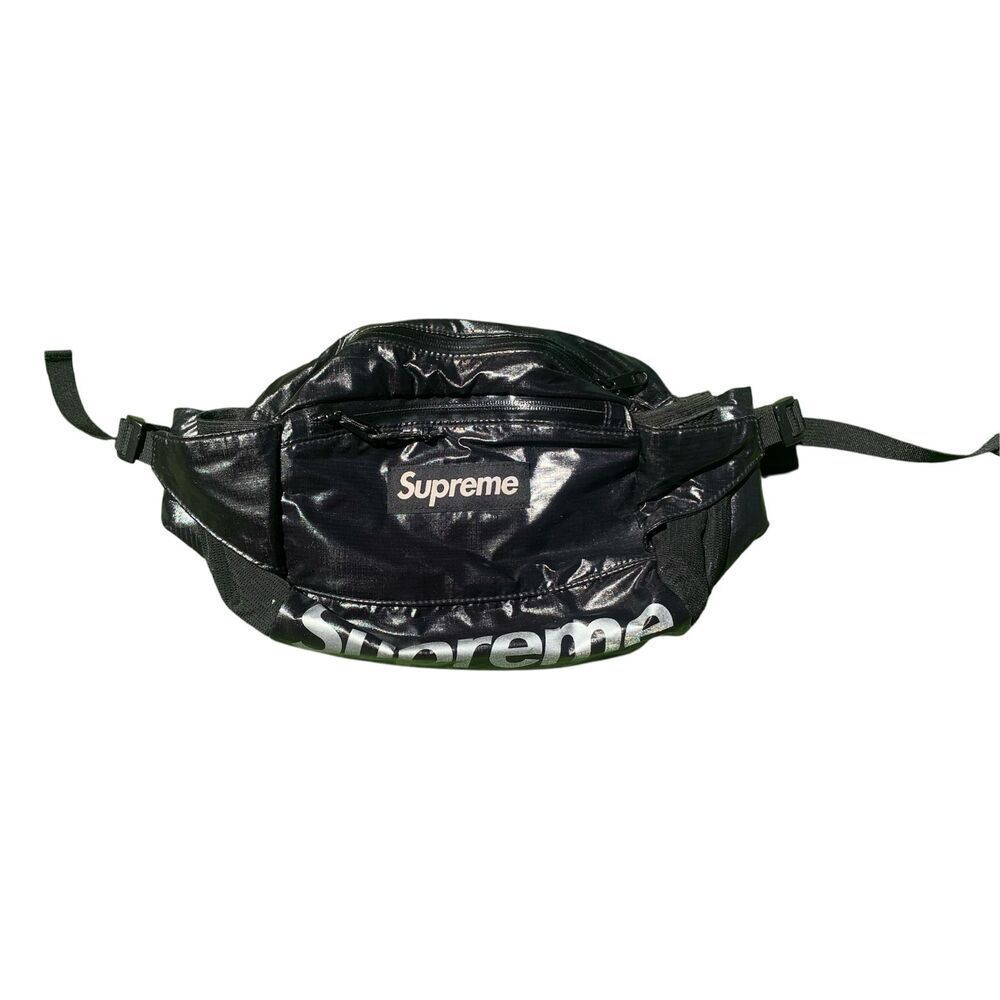 Supreme Black Shiny LOGO Crossbody Waist Belt Bag Fanny Pack Purse